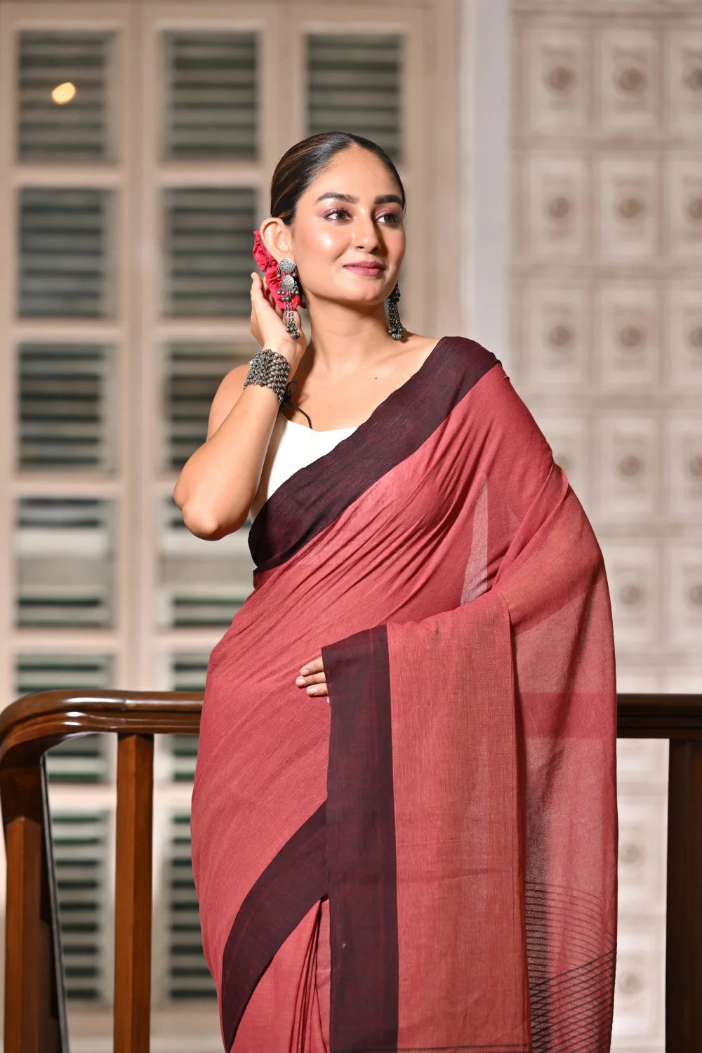 Handloom Brick Red Soft Cotton Saree With Stripes Woven Pallu