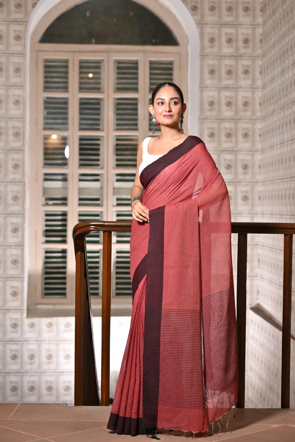 Handloom Brick Red Soft Cotton Saree With Stripes Woven Pallu