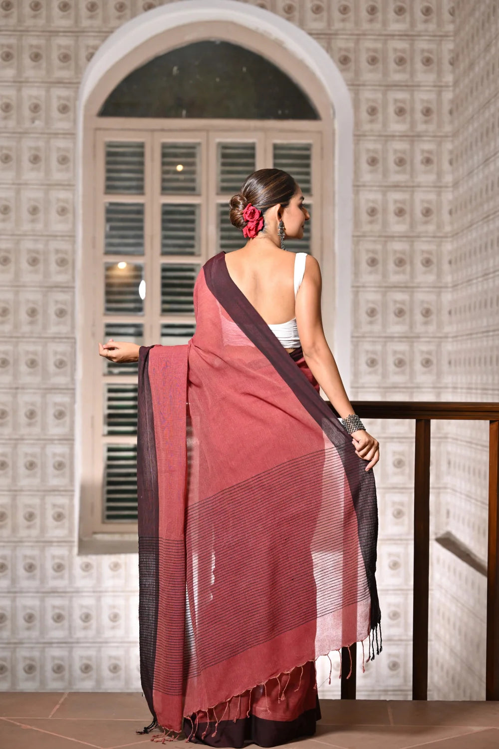 Handloom Brick Red Soft Cotton Saree With Stripes Woven Pallu