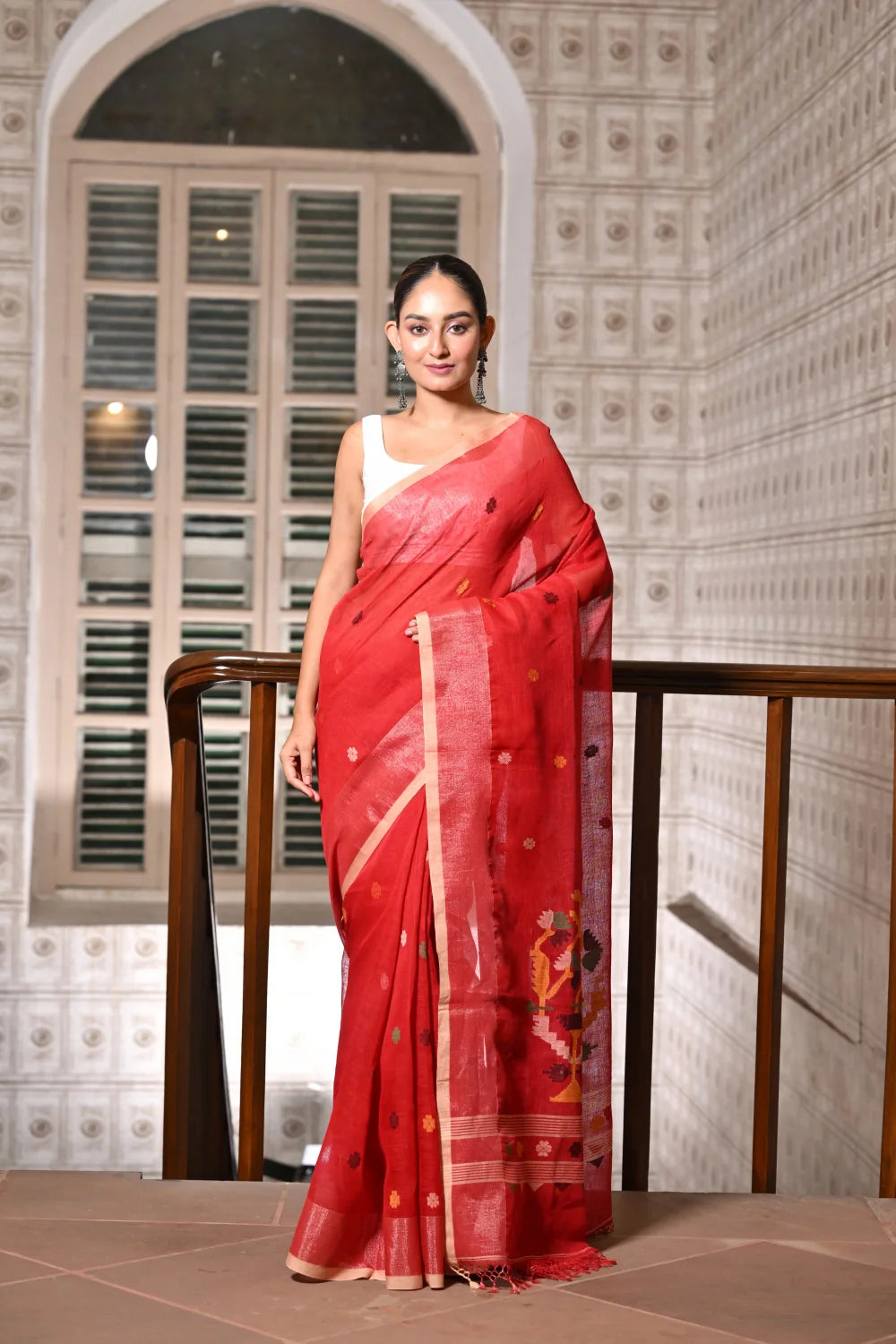 Handloom Crimson Red Pure Linen Zari Jamdani Saree