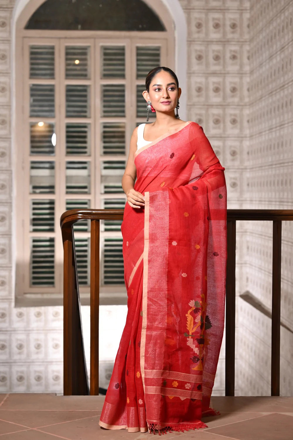 Handloom Crimson Red Pure Linen Zari Jamdani Saree