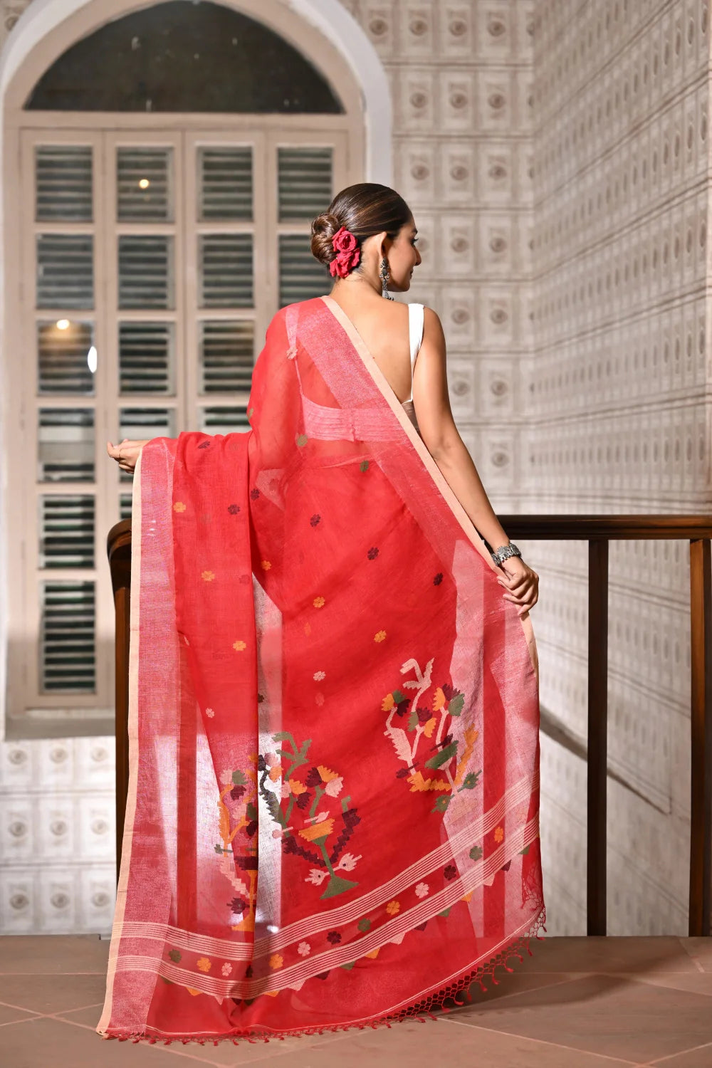 Handloom Crimson Red Pure Linen Zari Jamdani Saree