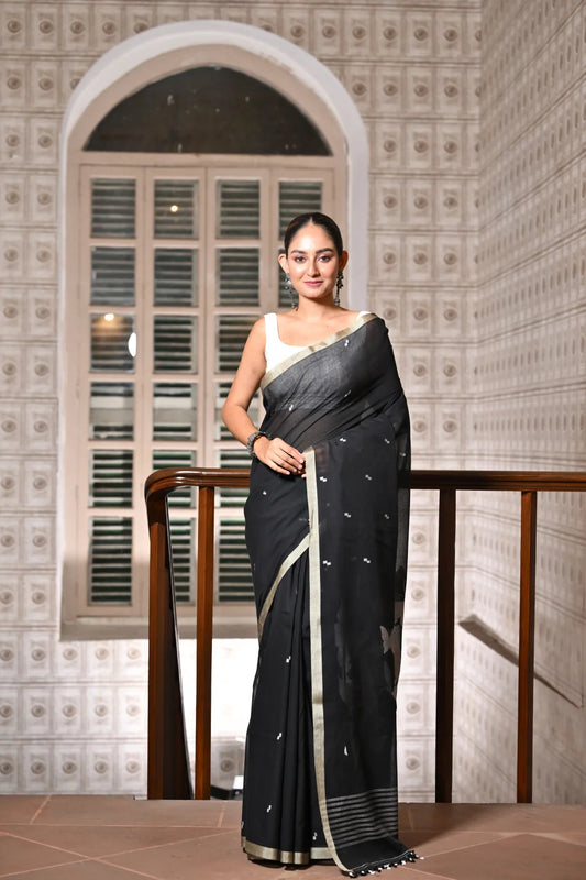 Handloom Black Contemporary Jamdani With White Butterfly Motifs Saree