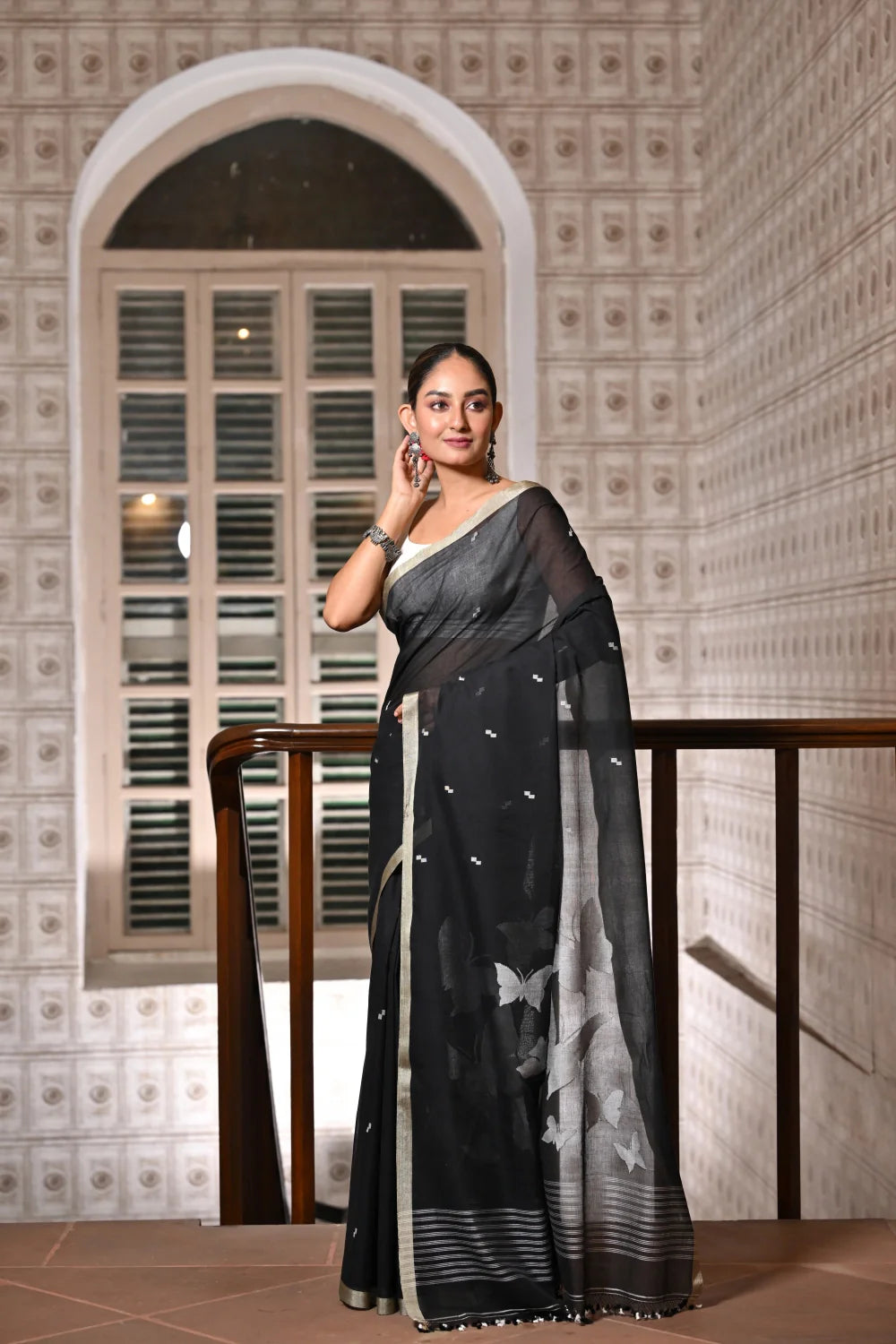 Handloom Black Contemporary Jamdani With White Butterfly Motifs Saree