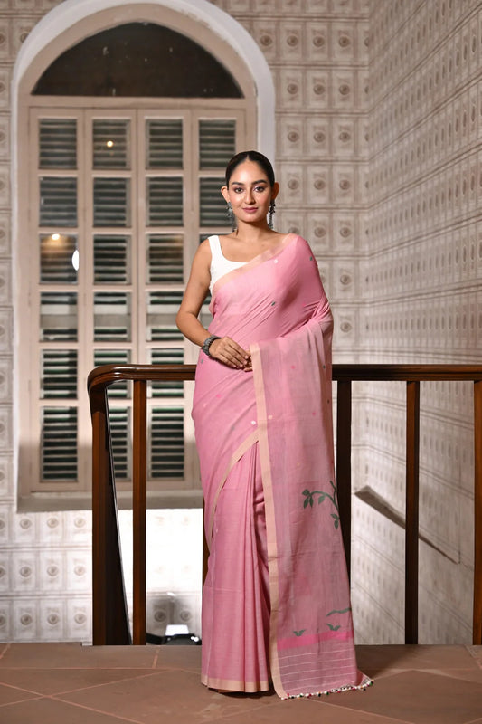 Handloom Rose Pink Contemporary Jamdani Saree