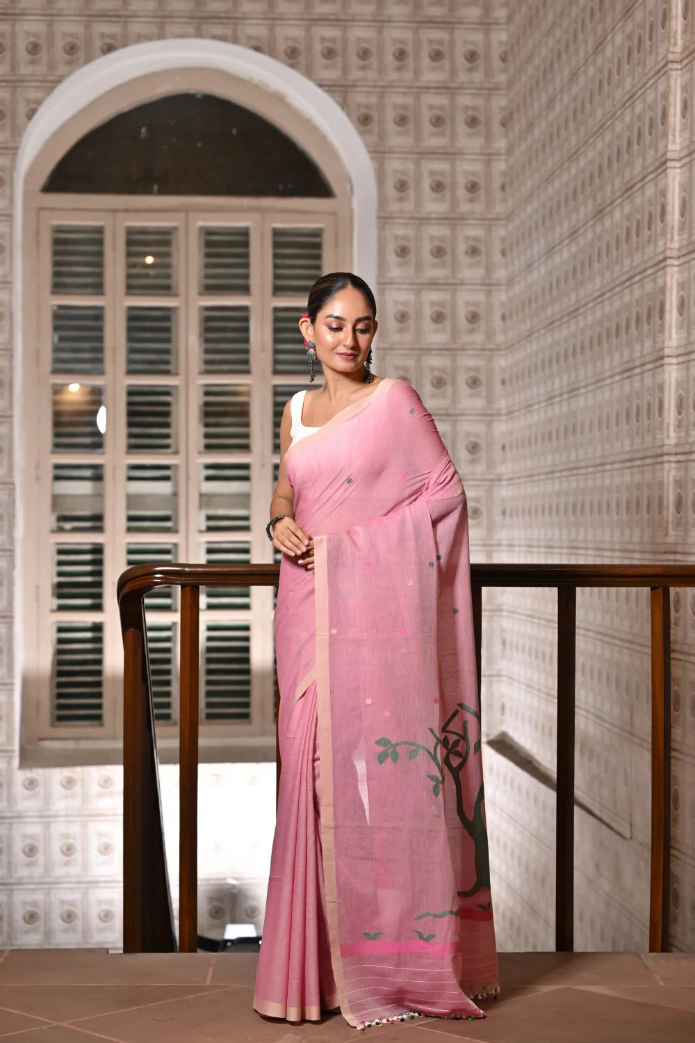 Handloom Rose Pink Contemporary Jamdani Saree