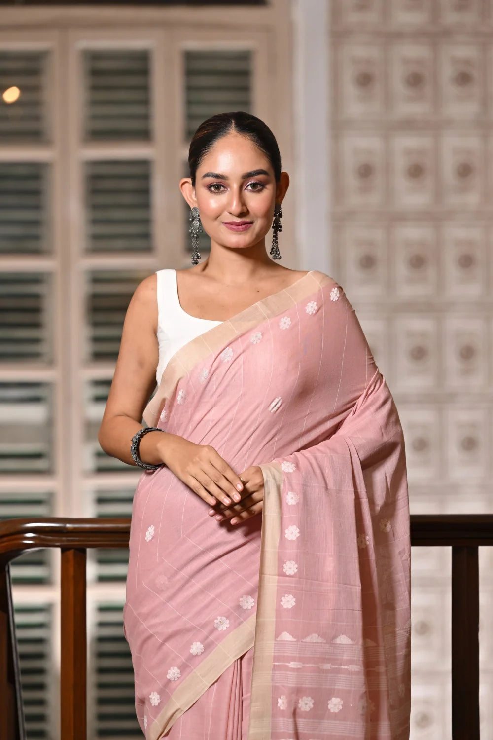 Handloom Soft Pink Soft Cotton Jamdani Saree