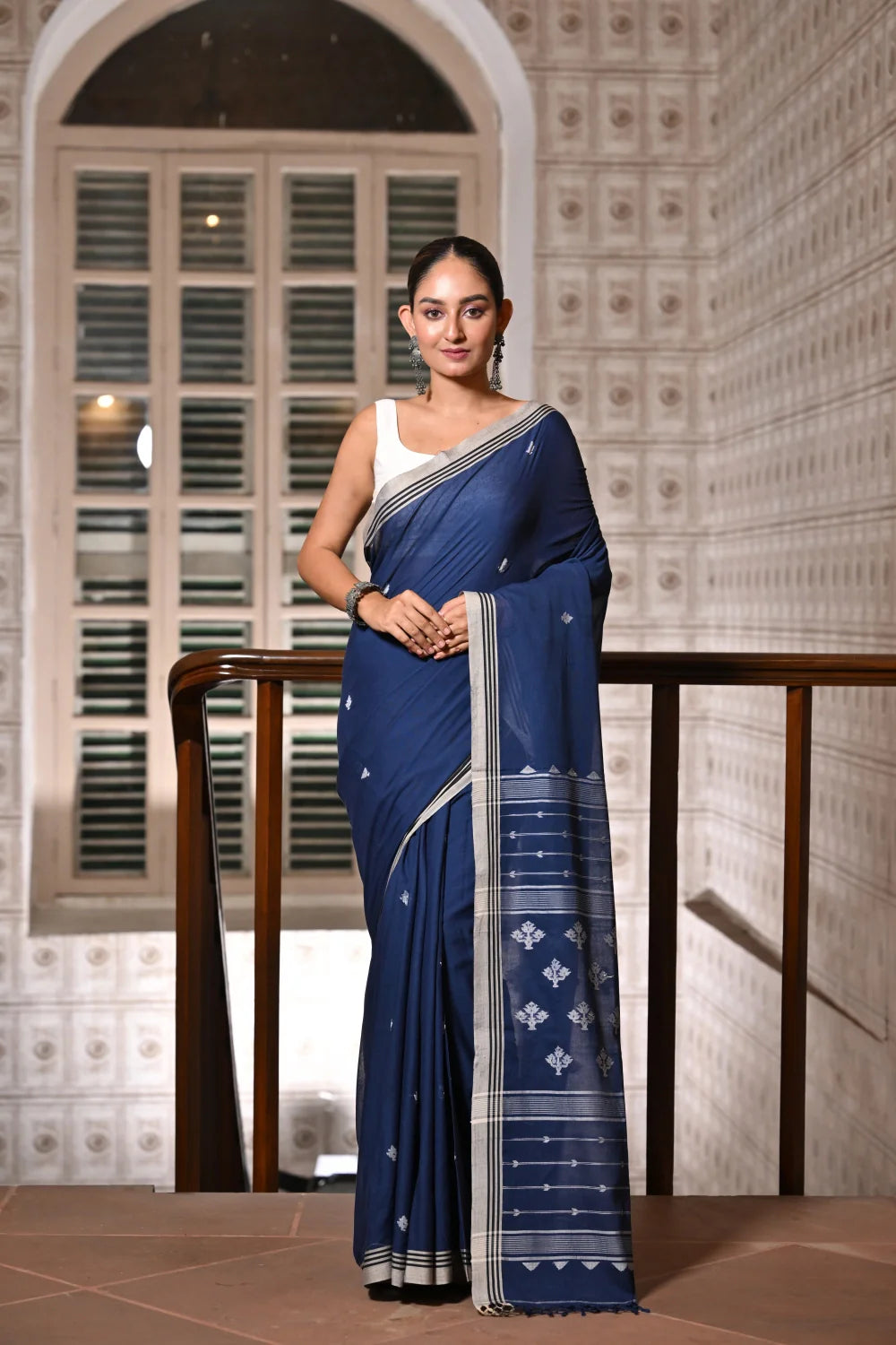 Handloom Navy Blue Soft Cotton Jamdani Saree