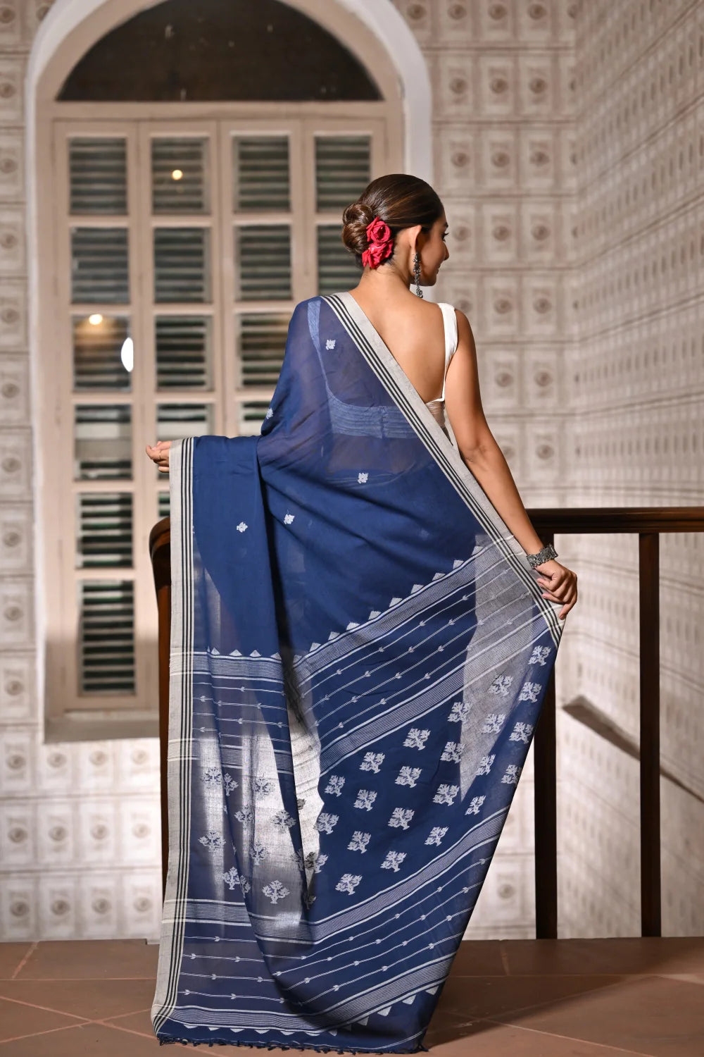 Handloom Navy Blue Soft Cotton Jamdani Saree