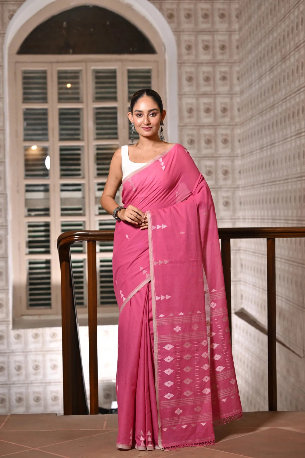 Handloom Flamingo Pink Soft Cotton Jamdani Saree