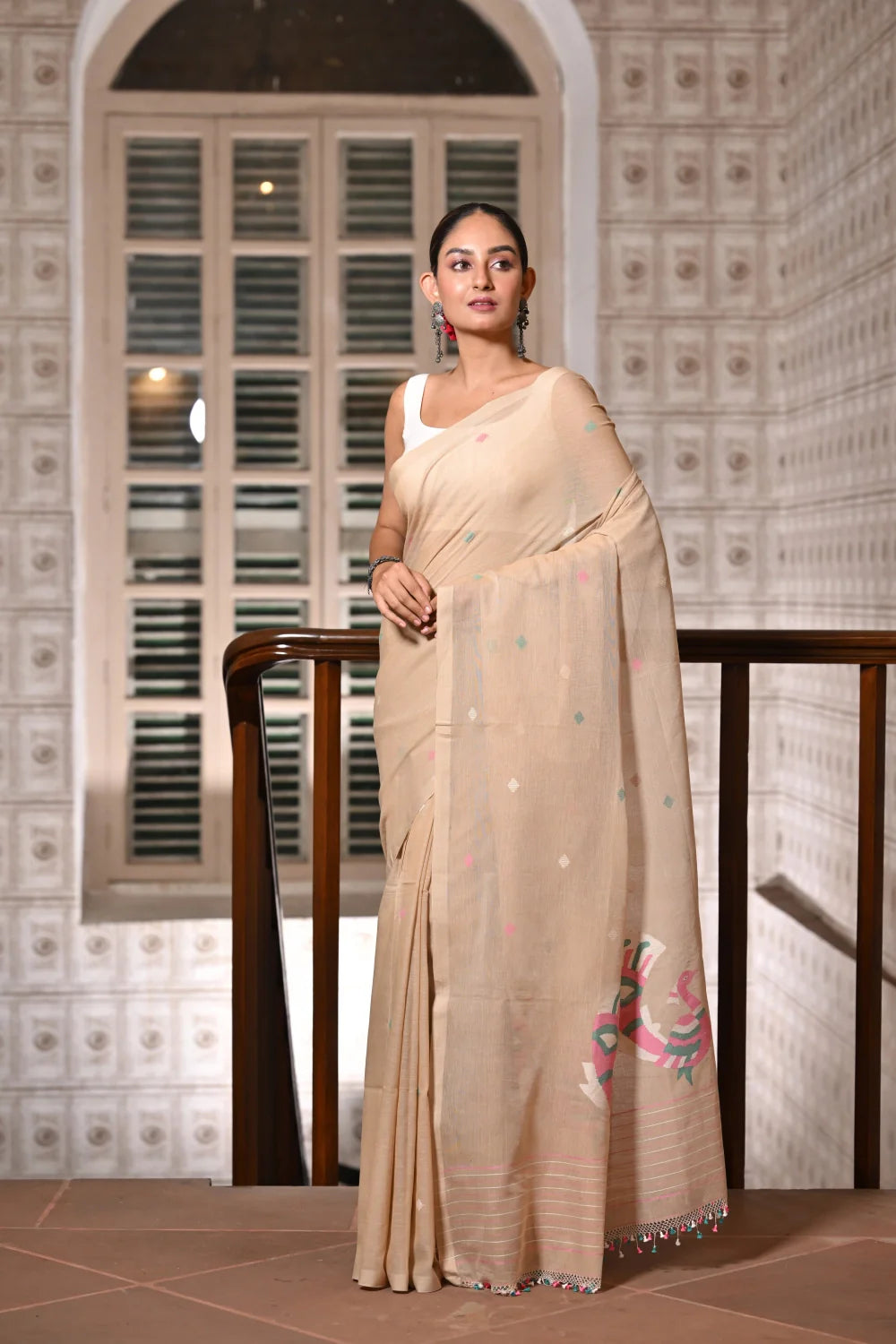 Handloom Pastel Brown Contemporary Jamdani With Floral Motifs Saree