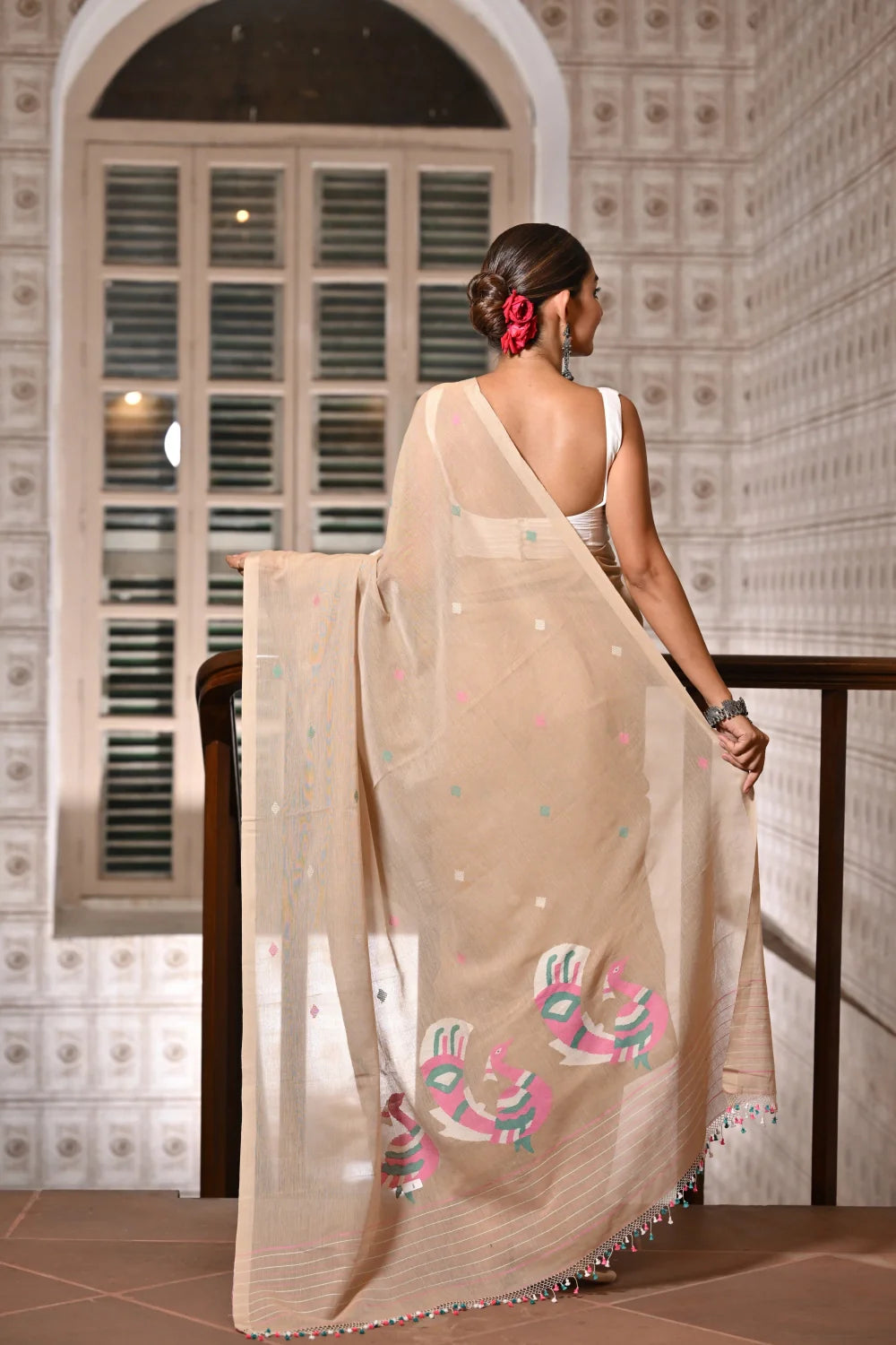 Handloom Pastel Brown Contemporary Jamdani With Floral Motifs Saree