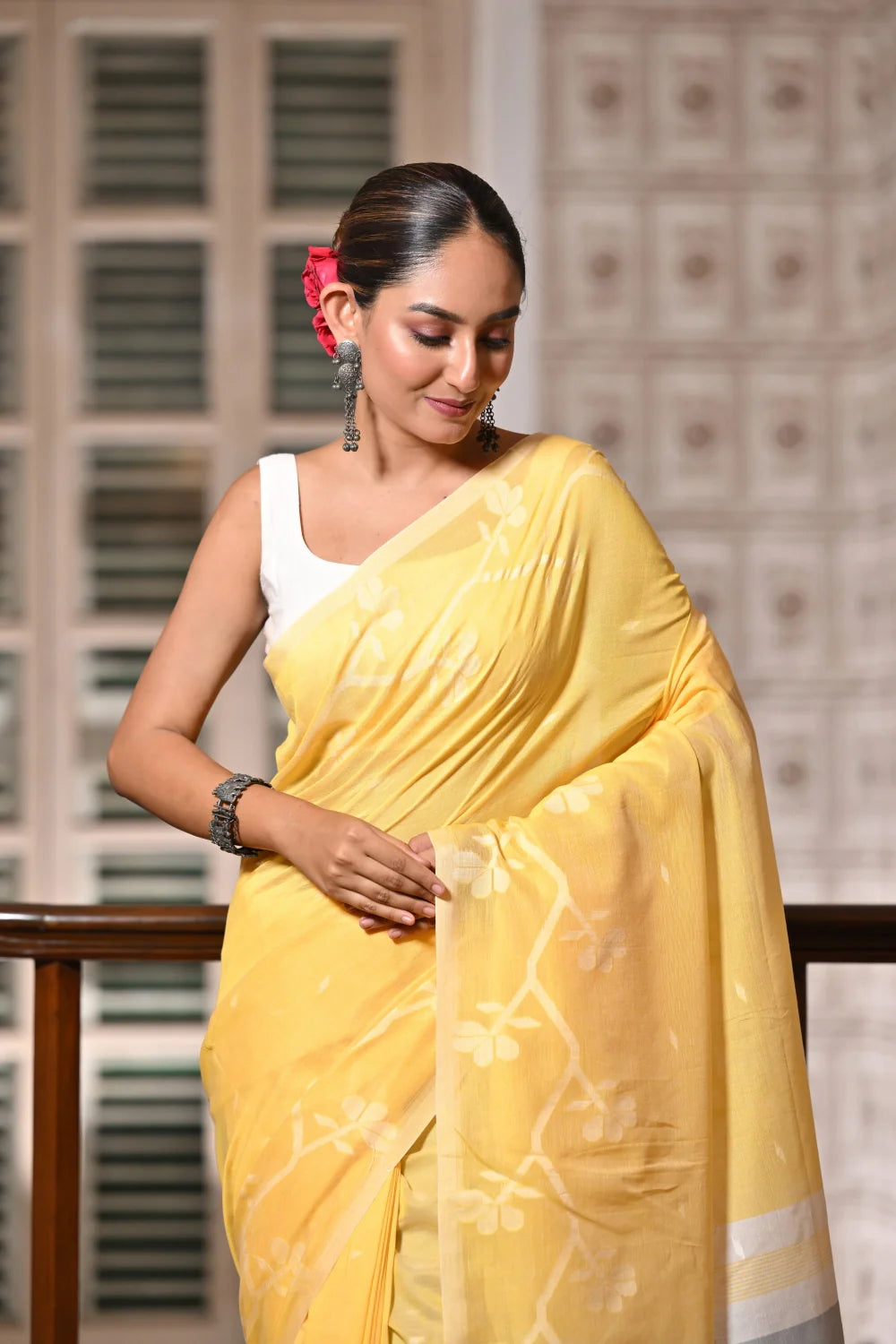 Handloom Yellow Soft Cotton Jamdani Saree