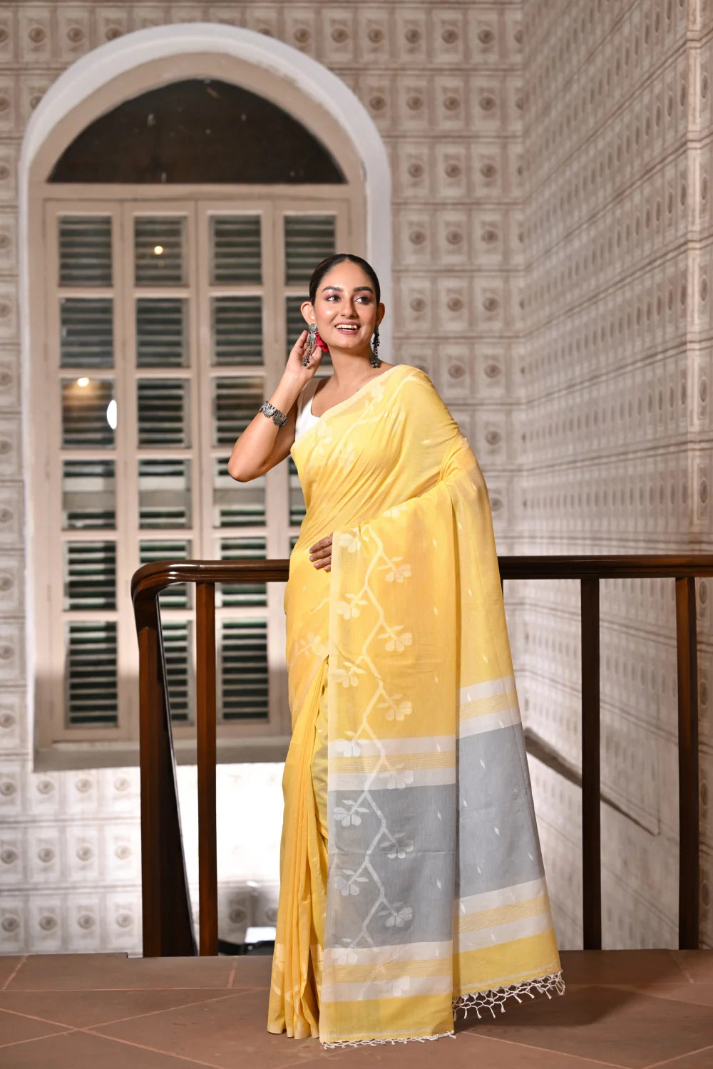 Handloom Yellow Soft Cotton Jamdani Saree