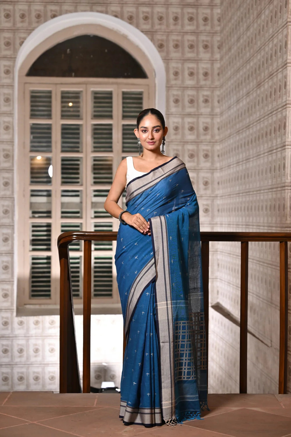 Handloom Cobalt Blue Pure Cotton Jamdani Saree