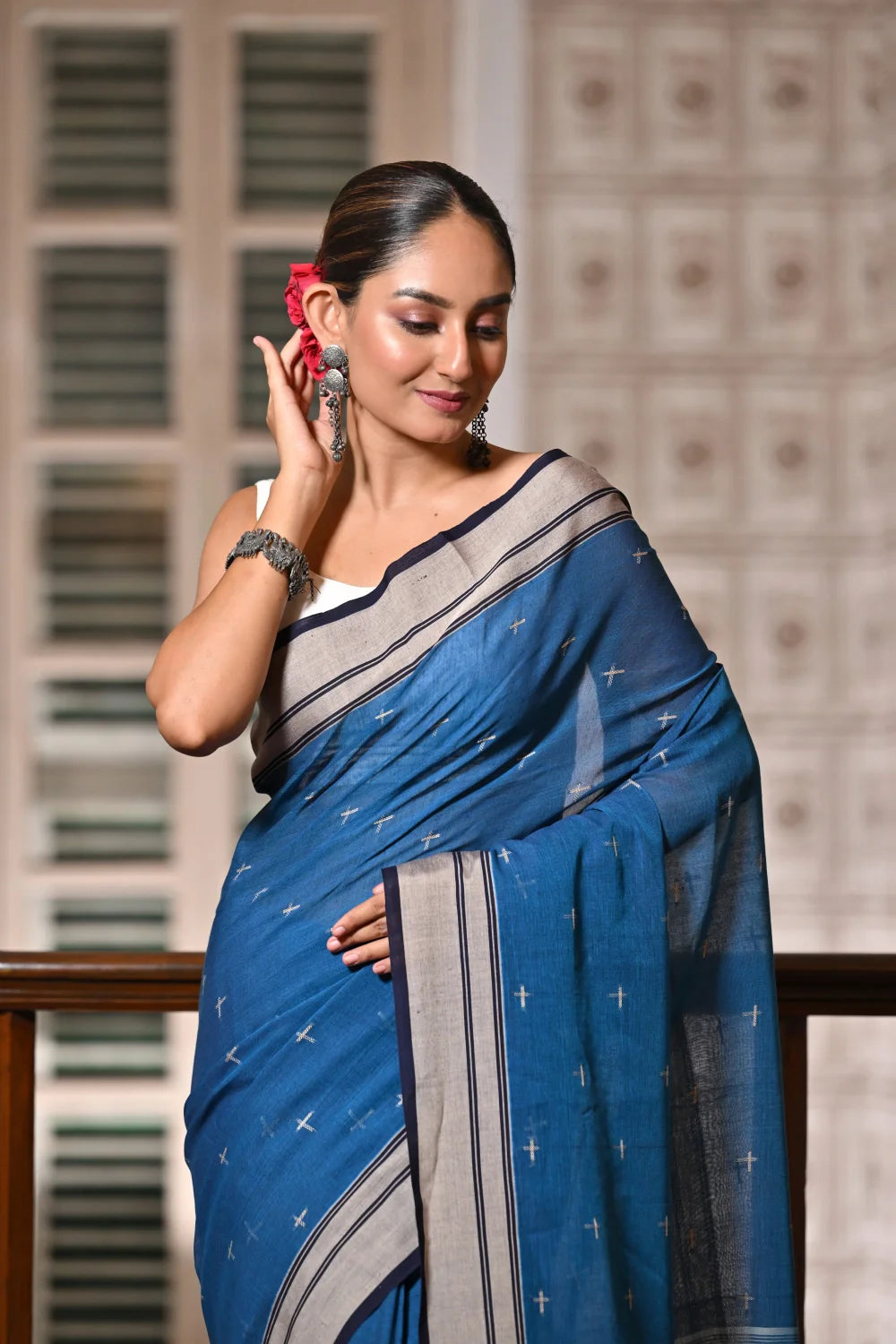 Handloom Cobalt Blue Pure Cotton Jamdani Saree