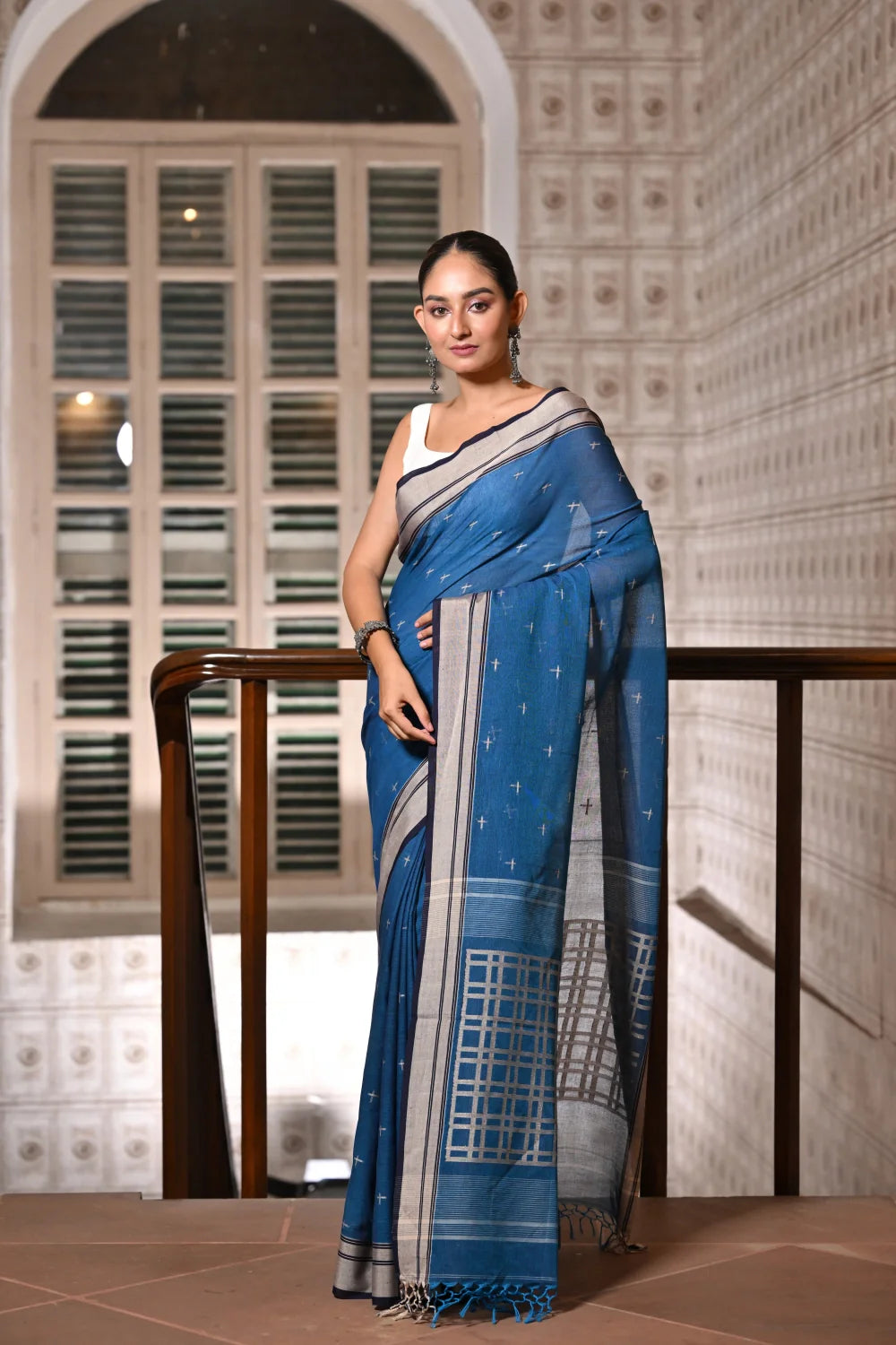 Handloom Cobalt Blue Pure Cotton Jamdani Saree