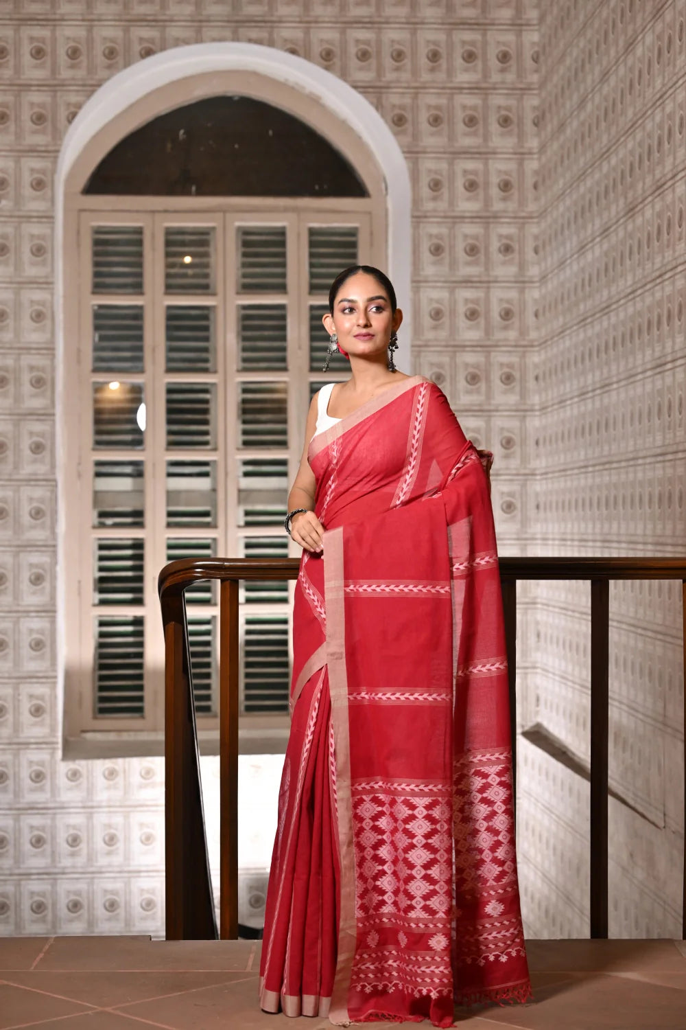 Handloom Candy Red Soft Cotton Jamdani Saree