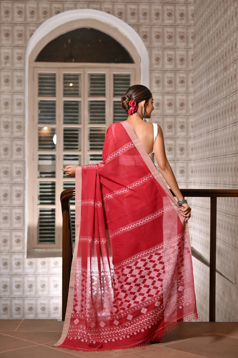 Handloom Candy Red Soft Cotton Jamdani Saree