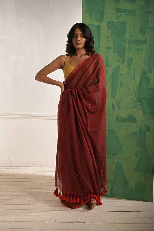 Saanjh Baati ki khushboo | Maroon mul cotton saree with beaded sequins