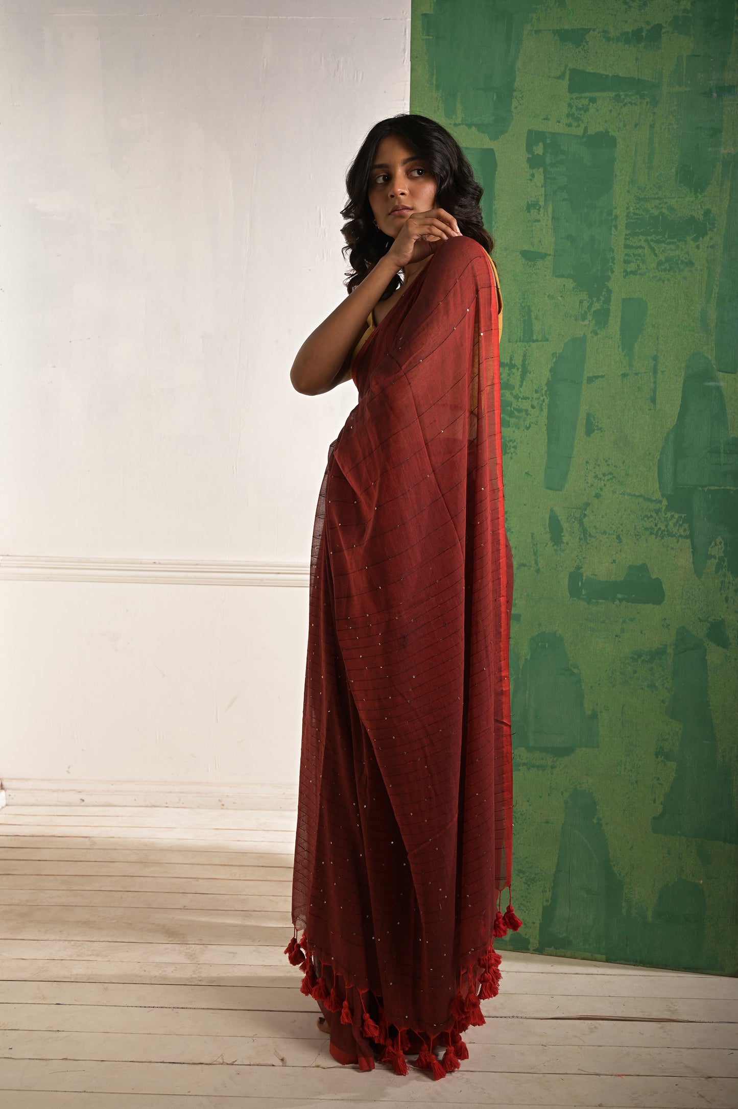 Saanjh Baati ki khushboo | Maroon mul cotton saree with beaded sequins