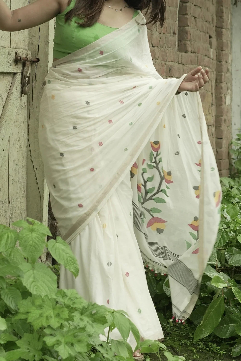 Handloom Off White Soft Cotton Jamdani Saree with Multi Colour Floral Motifs