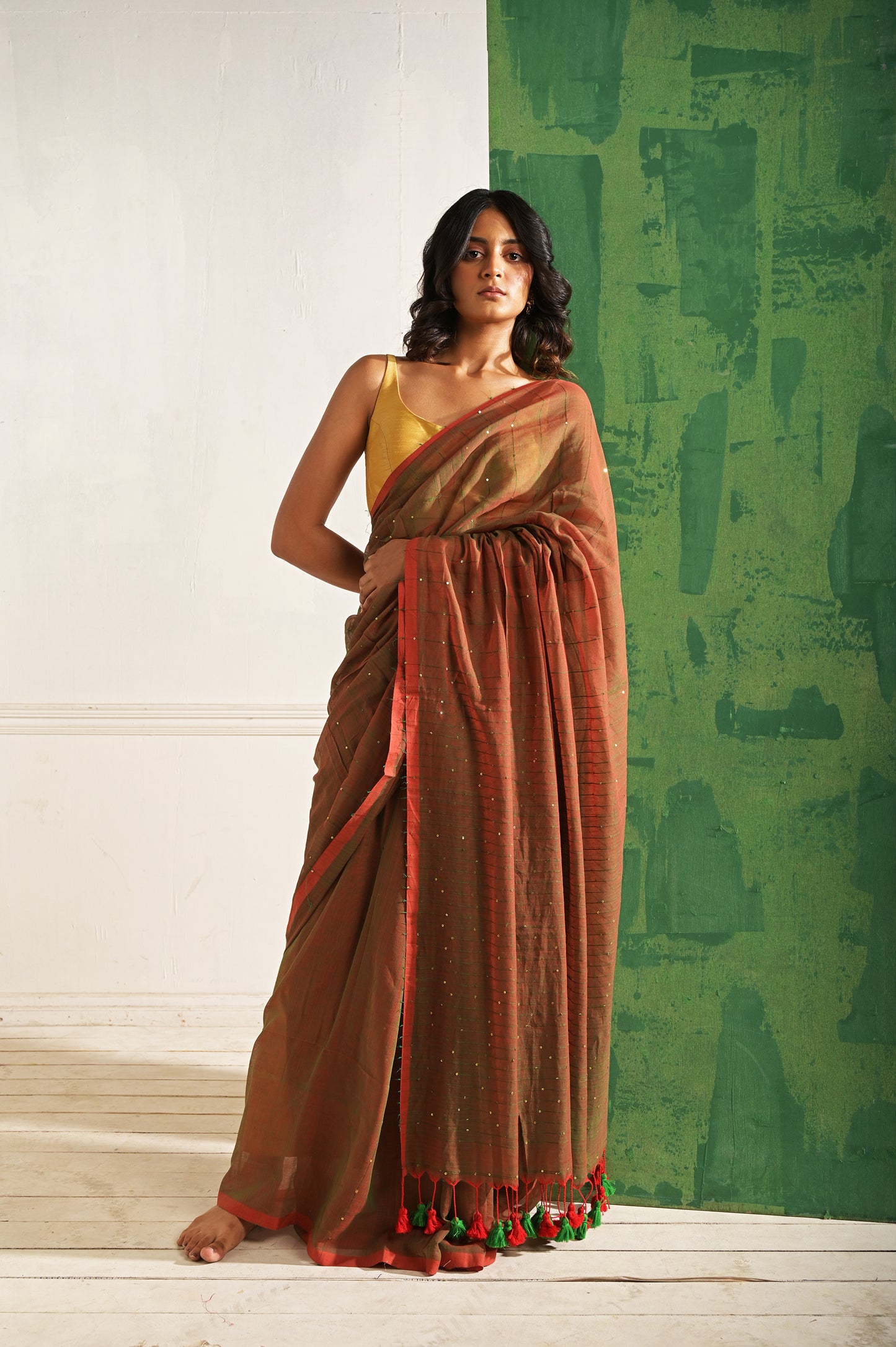 Saundhi Maati | Brown mul cotton saree with beaded sequins