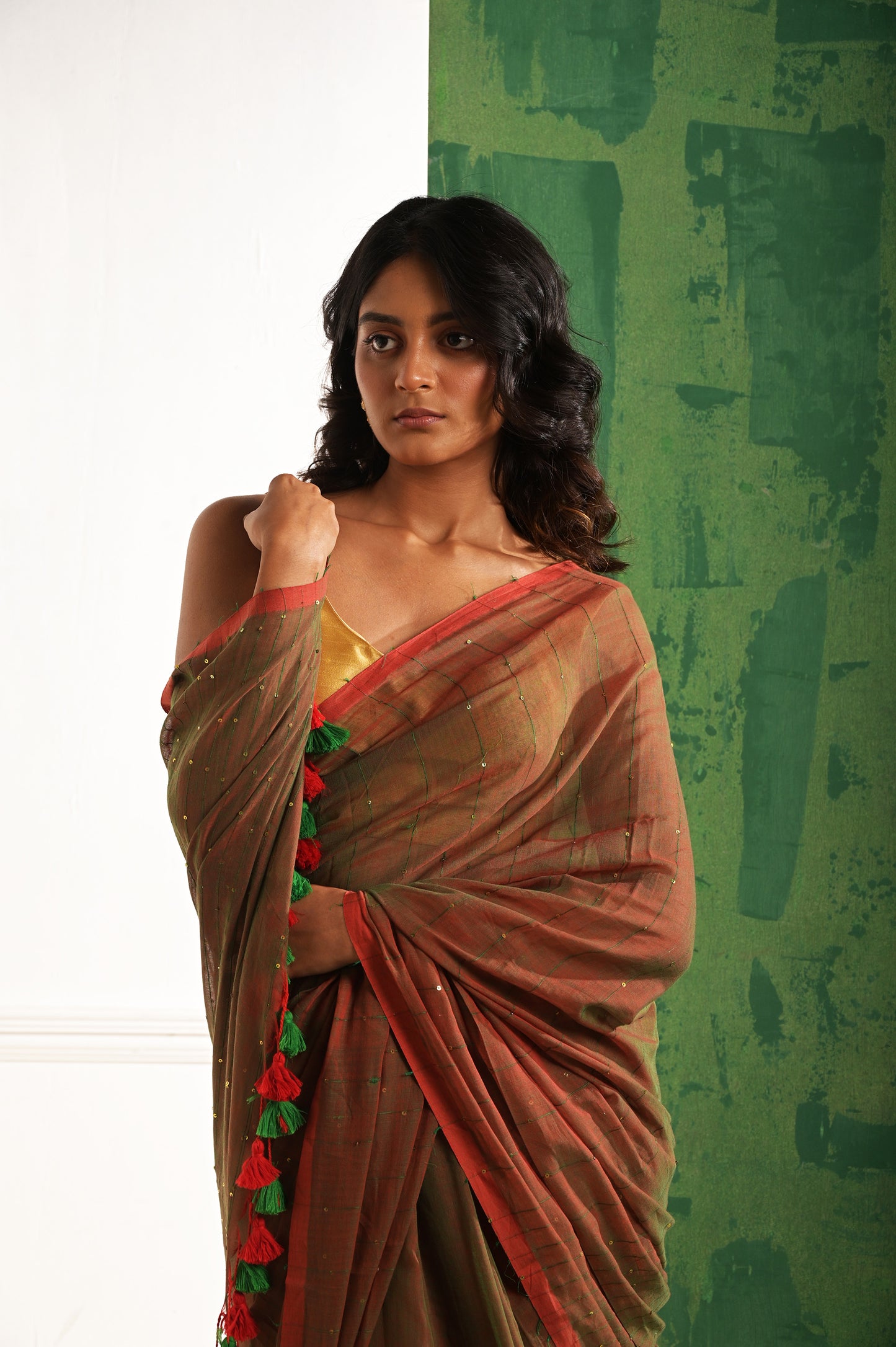 Saundhi Maati | Brown mul cotton saree with beaded sequins