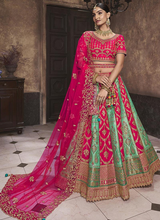 Sea green Banarasi Silk Embroidered Umbrella Bridal Lehenga