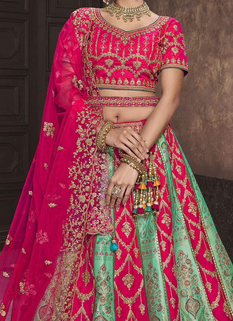 Sea green Banarasi Silk Embroidered Umbrella Bridal Lehenga