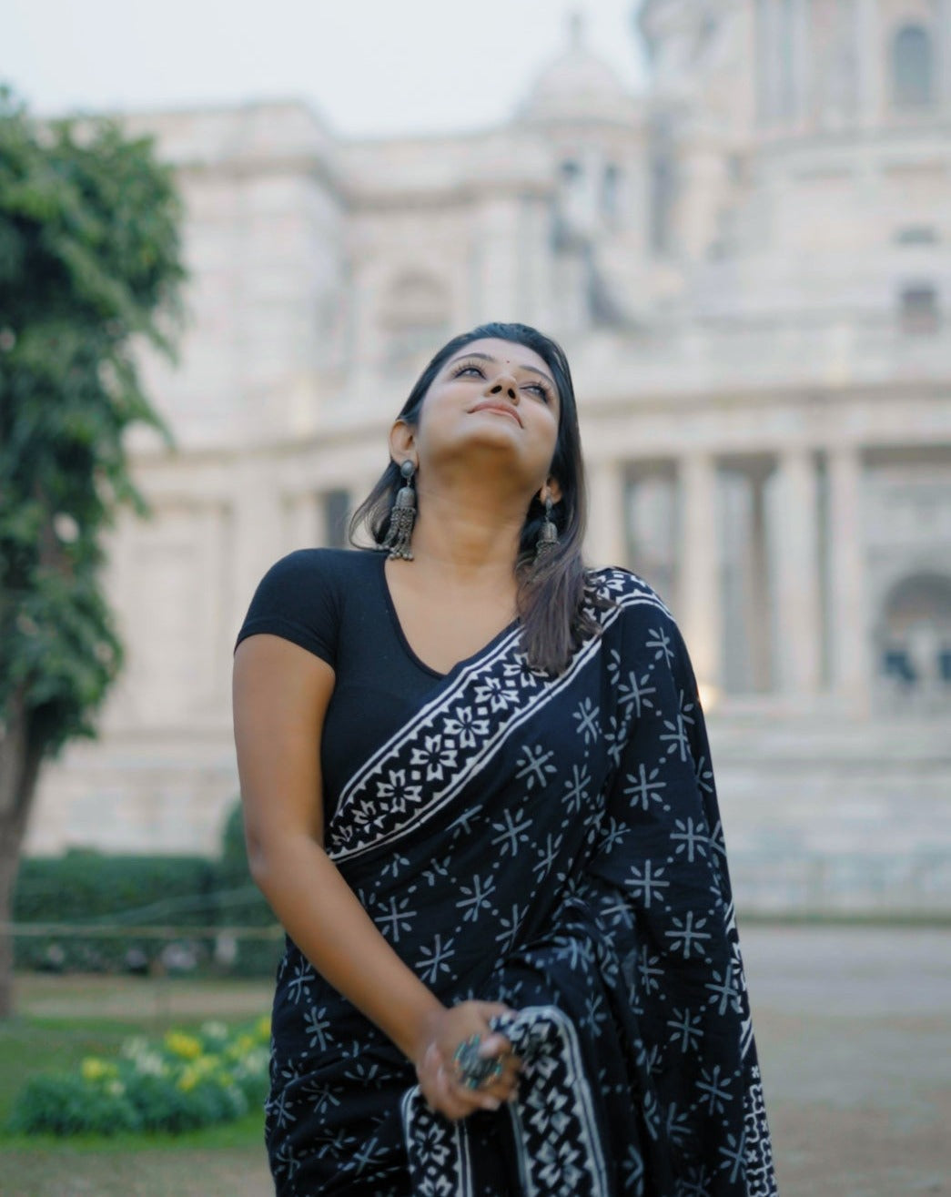 A Sky Full Of Wonders - Blue Handblock Print Natural Dyed - Mulmul Cotton Saree