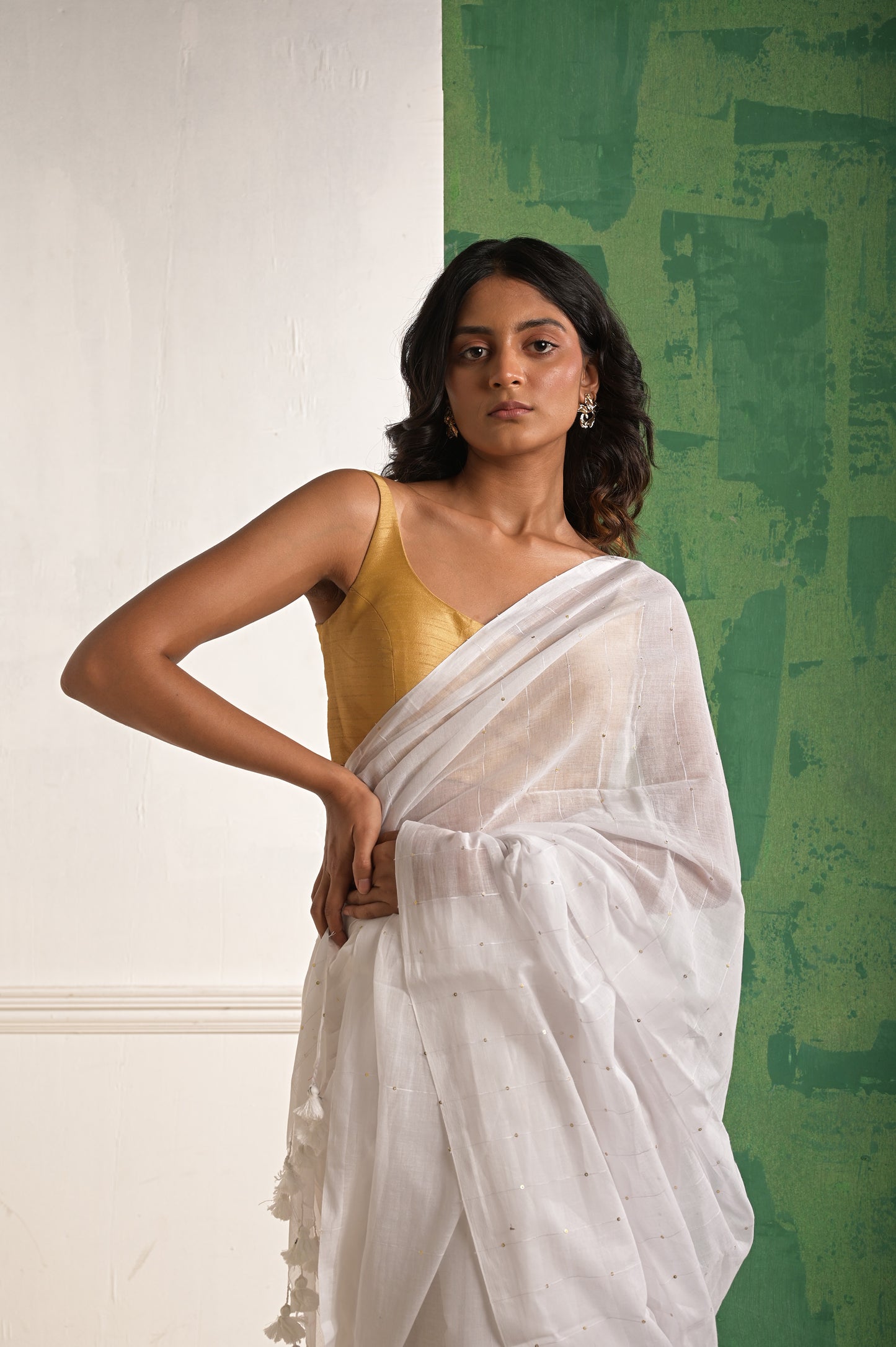 Shwet Megh | White mul cotton saree with beaded sequins