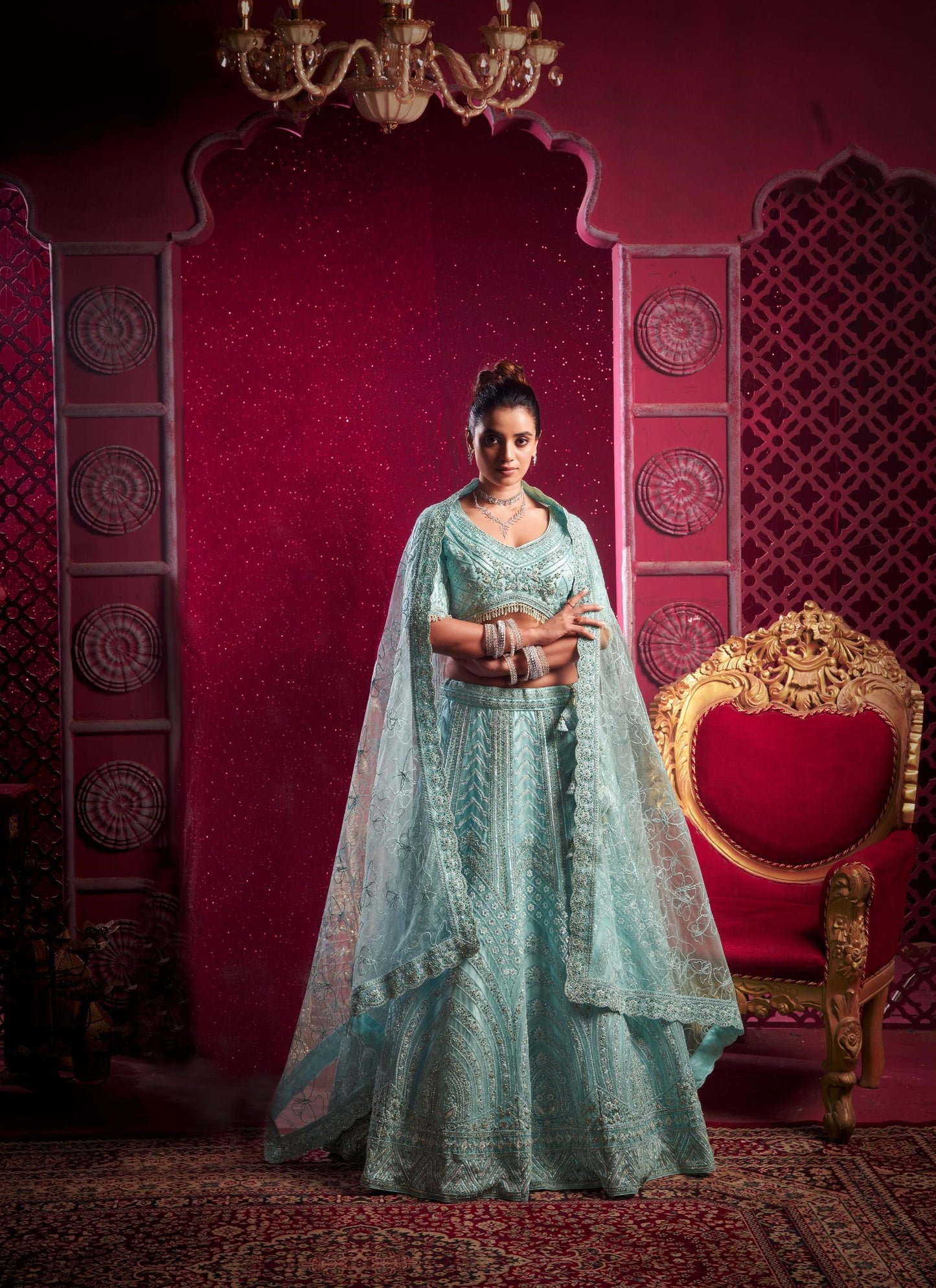 Sky Blue Sequence Embroidery Net Bridesmaid Lehenga 