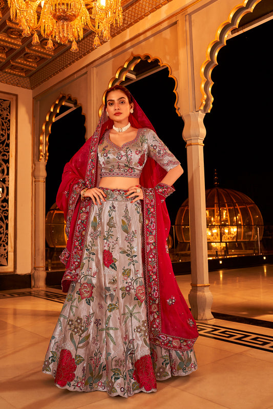 Pure Viscose Satin Grey sequins embroidered Bridal Lehenga