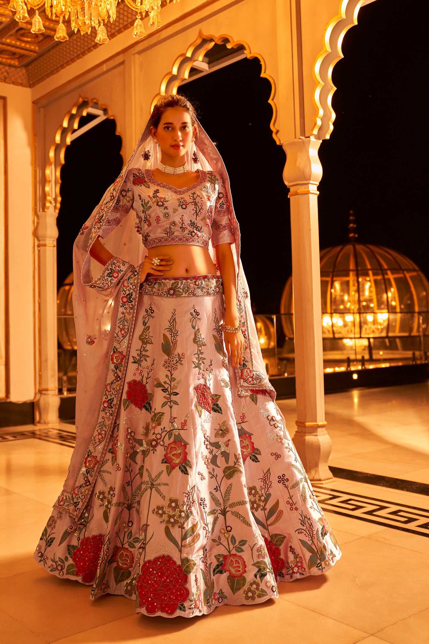 Pure Viscose Satin Pink sequins embroidered Bridal Lehenga