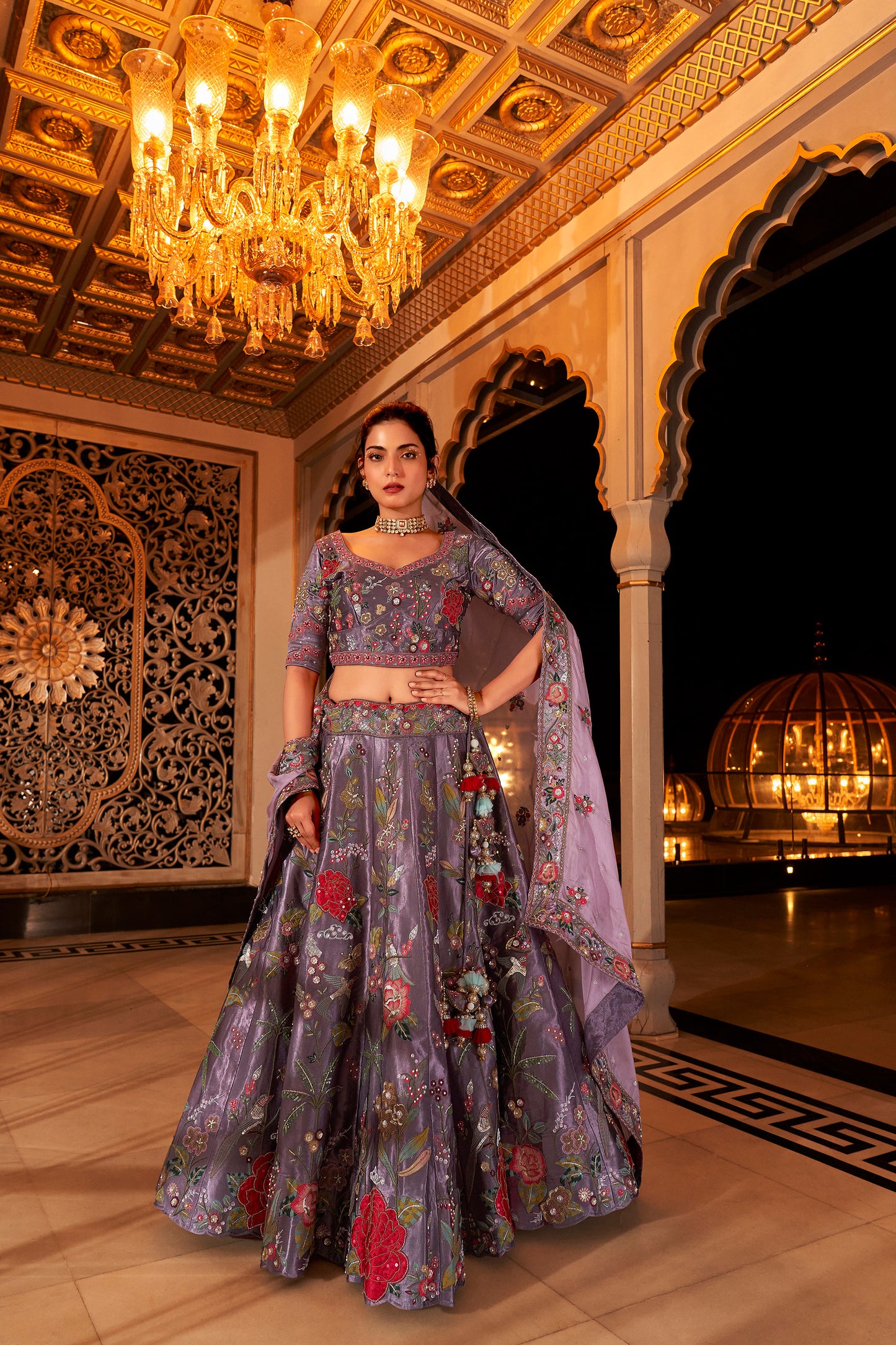 Pure Viscose Satin Purple sequins embroidered Bridal Lehenga