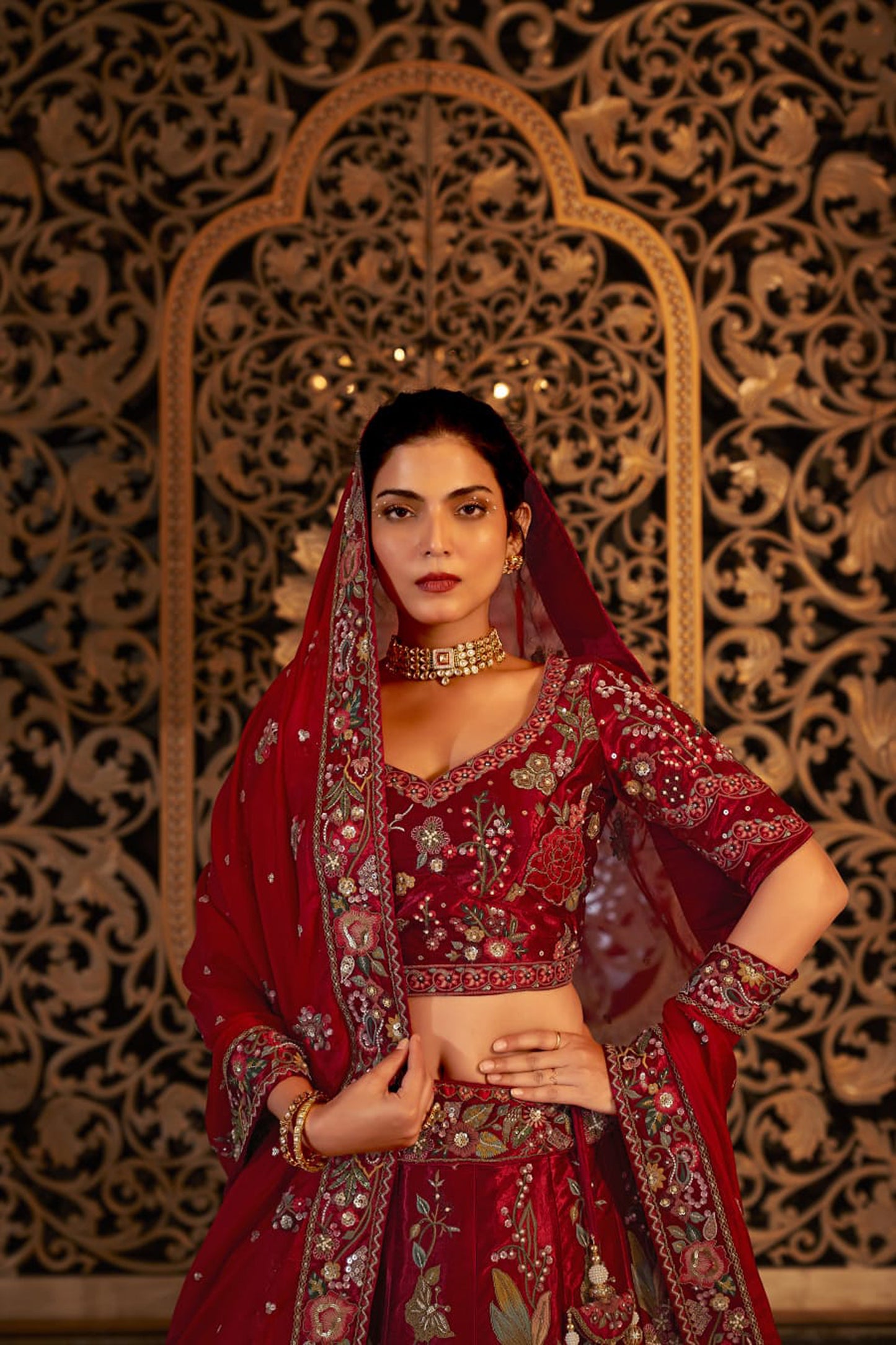 Pure Viscose Satin Red sequins embroidered Bridal Lehenga