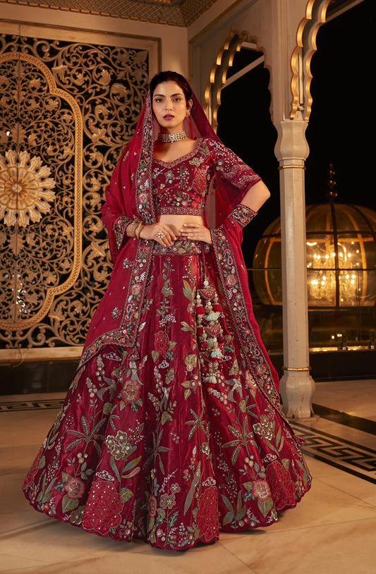 Pure Viscose Satin Red sequins embroidered Bridal Lehenga