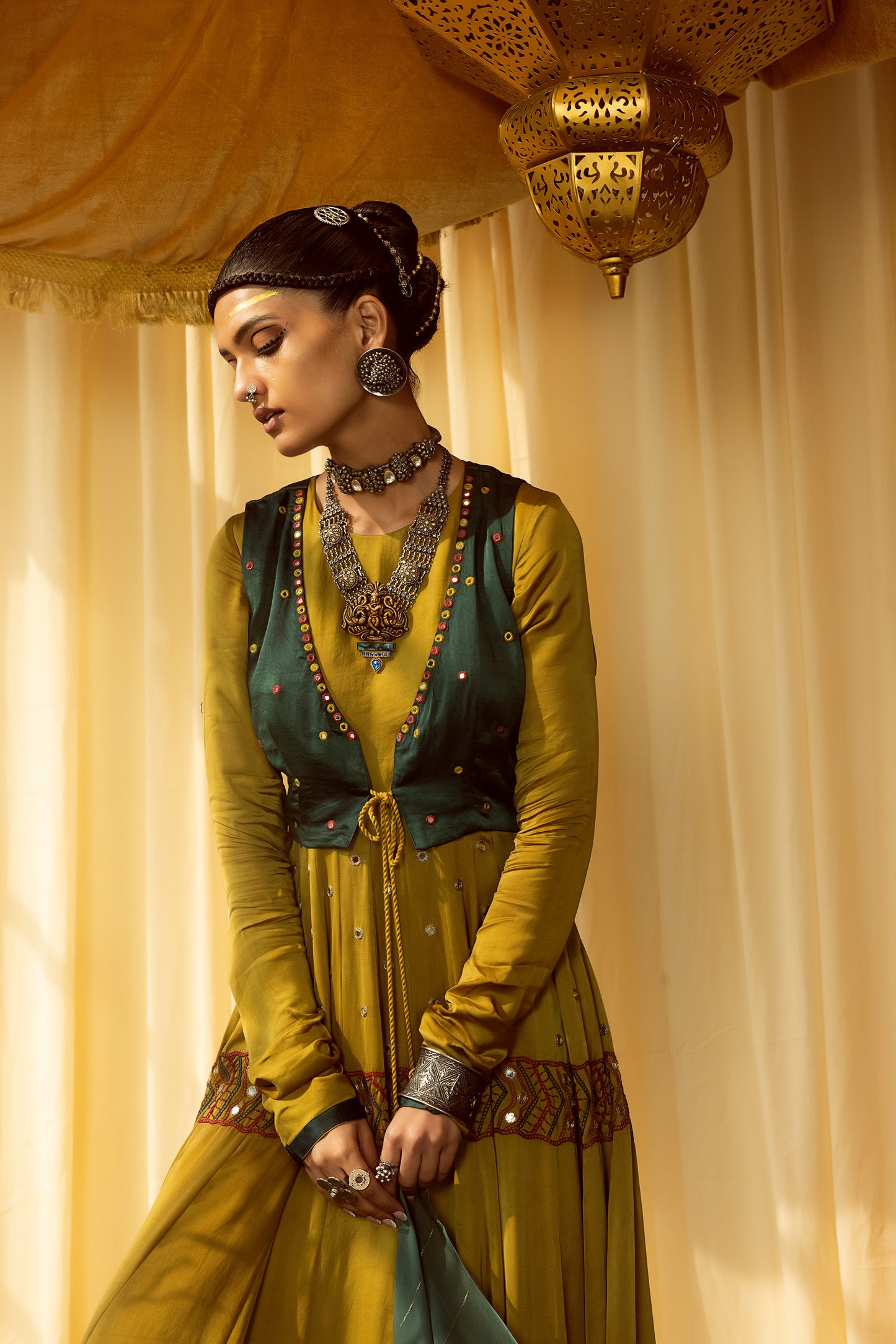 Mustard Anarkali suit with teal waist jacket & dupatta