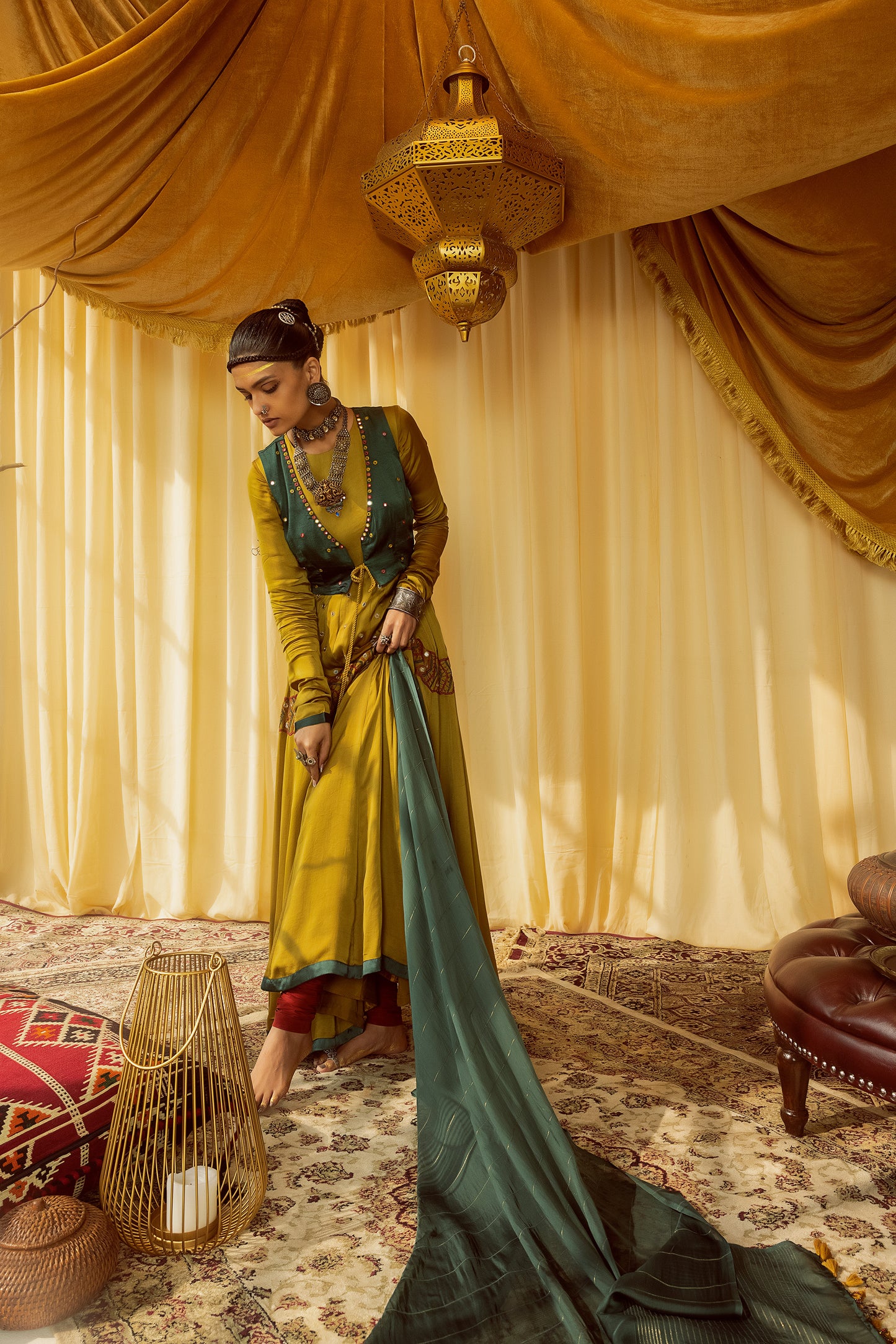 Mustard Anarkali suit with teal waist jacket & dupatta