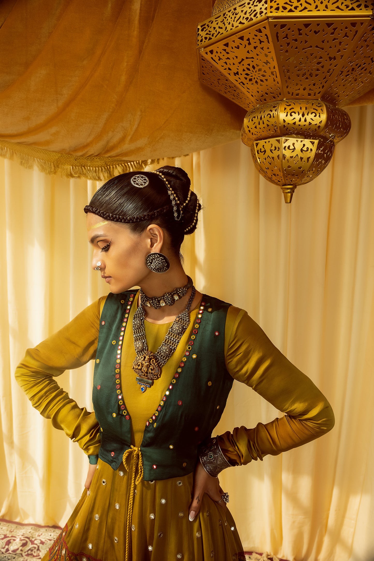 Mustard Anarkali suit with teal waist jacket & dupatta