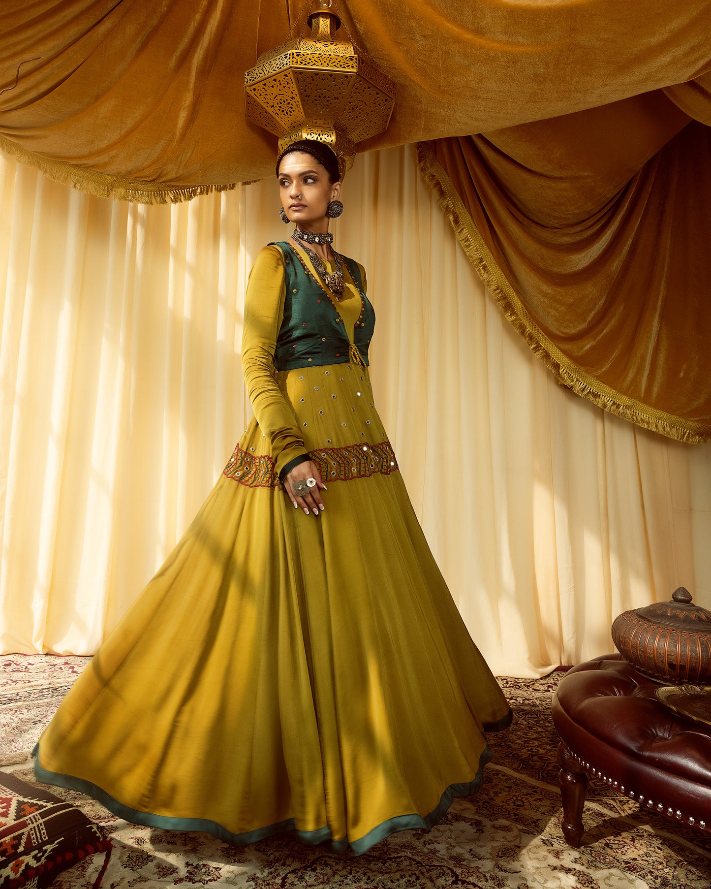 Mustard Anarkali suit with teal waist jacket & dupatta