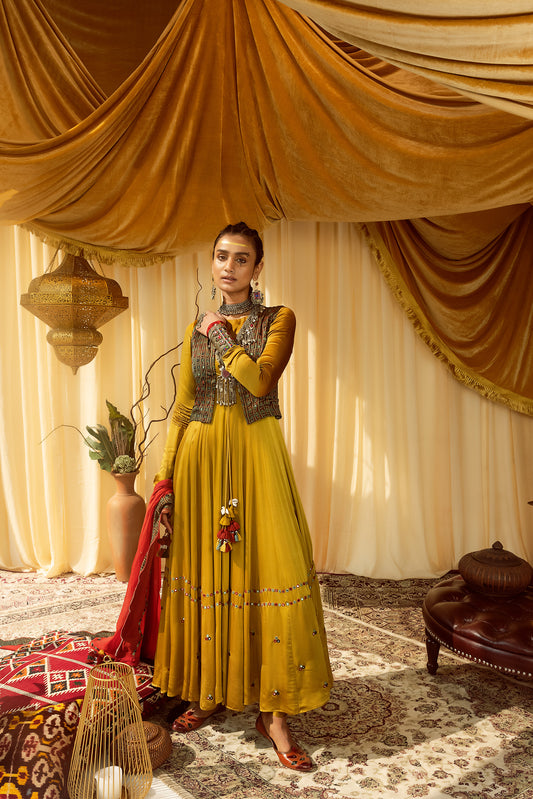 Mustard Anarkali suit with waist coat