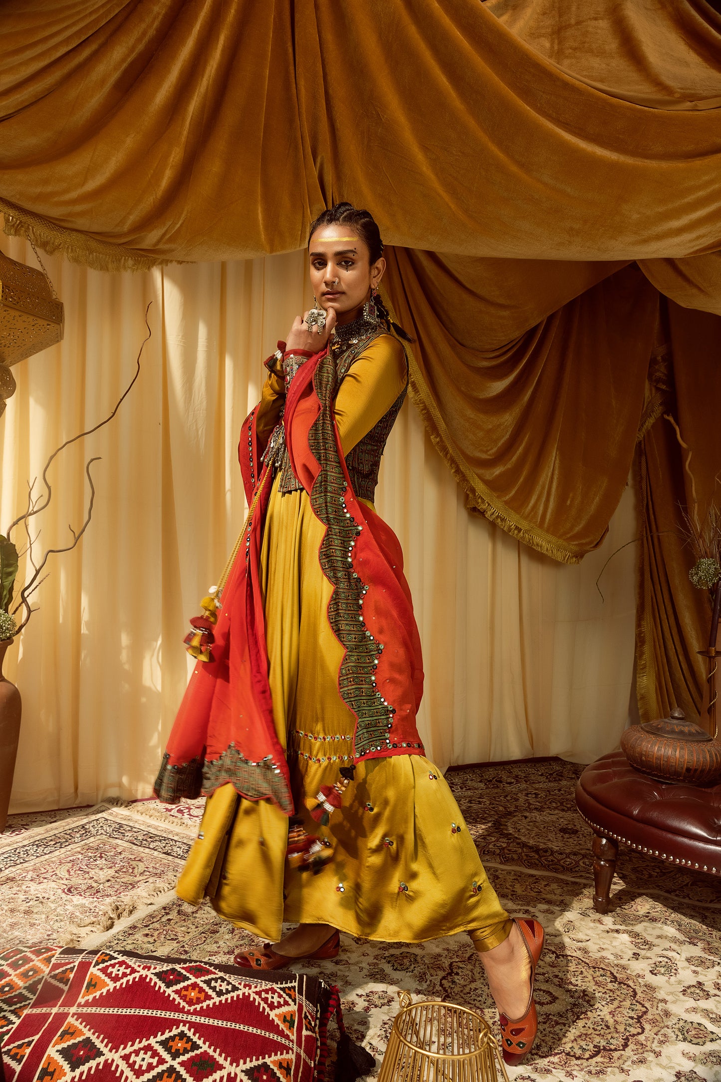 Mustard Anarkali suit with waist coat