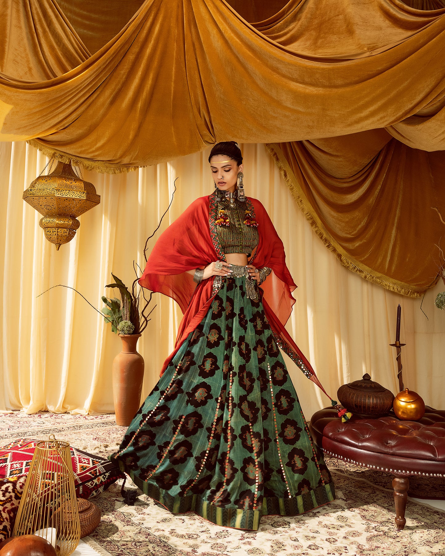 Printed Lehenga & printed blouse with rust cape