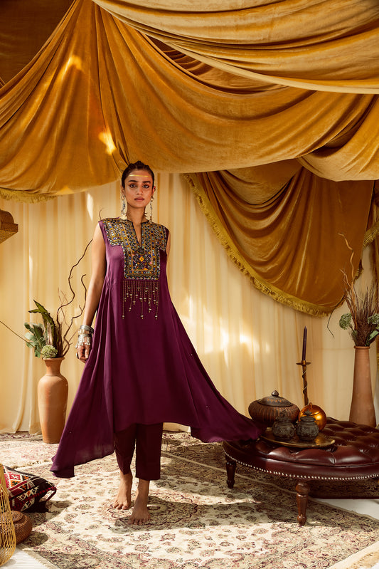 Dark wine asymmetrical kurta with pants