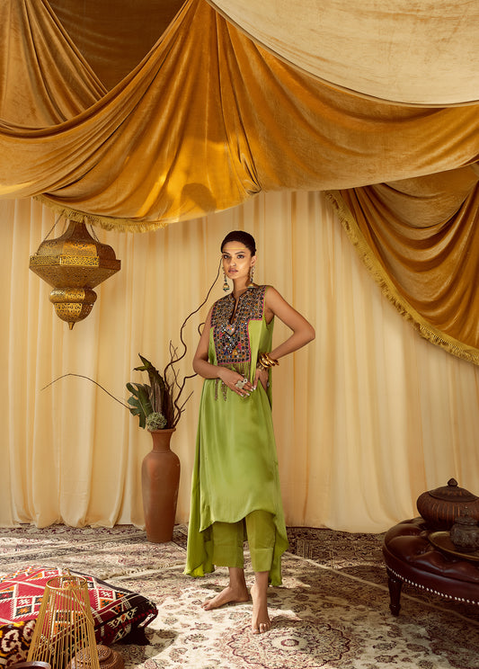 green asymmetrical kurta with pants