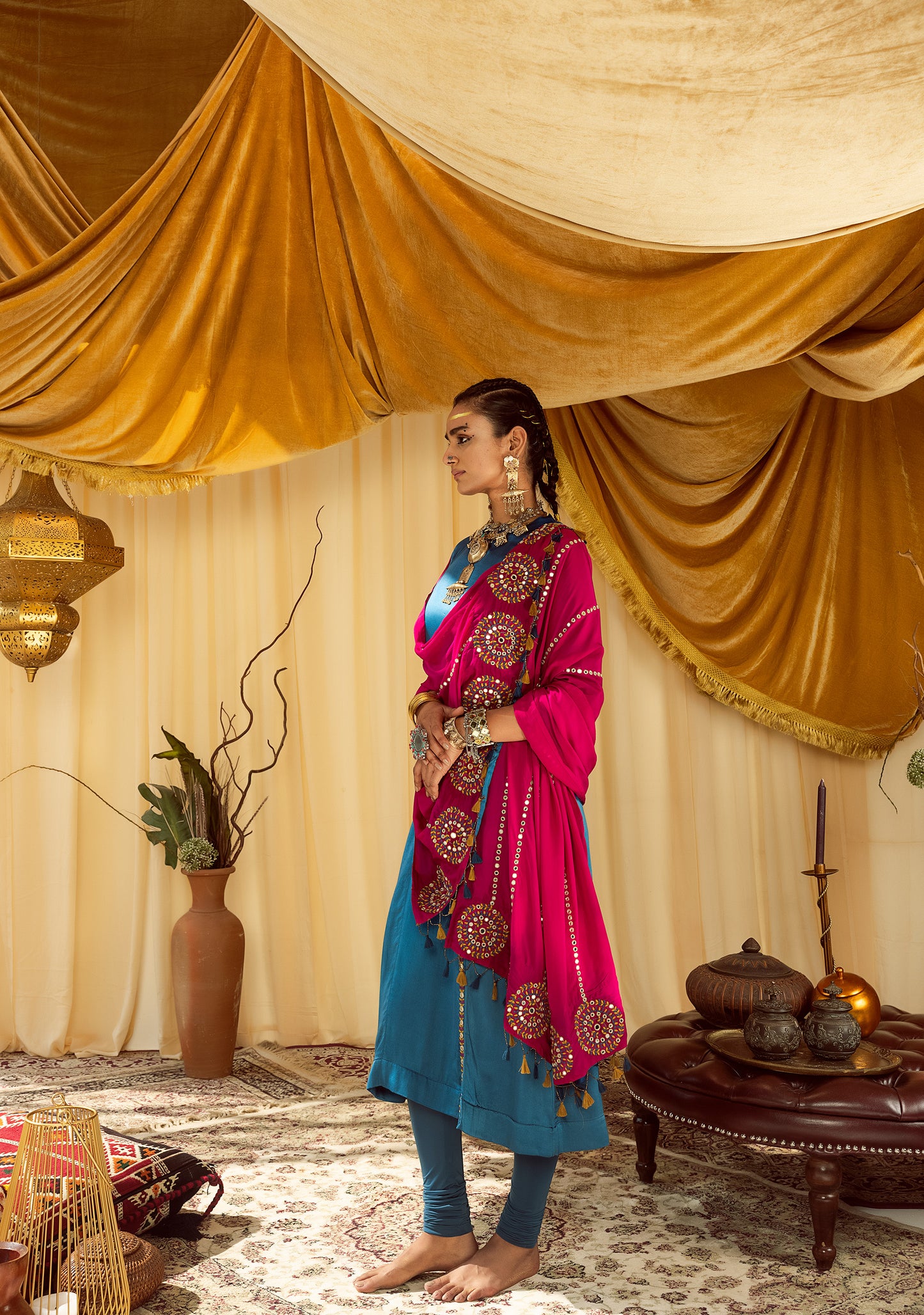 blue A line suit with churidaar & pink dupatta