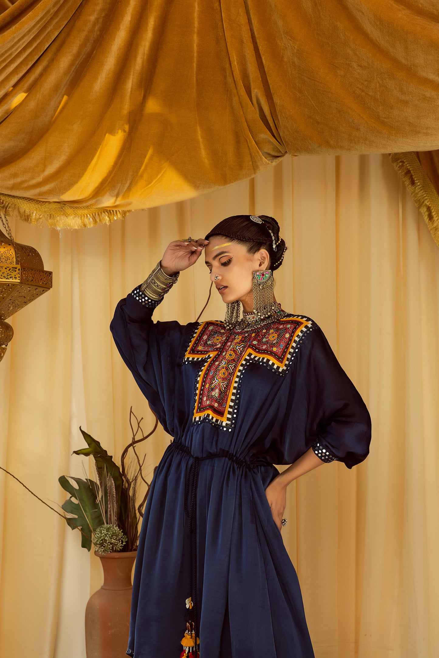 navy blue kaftan set with embroidered neck