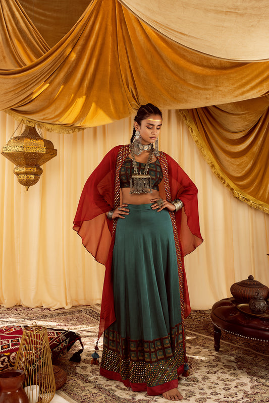 teal mirror work lehenga choli